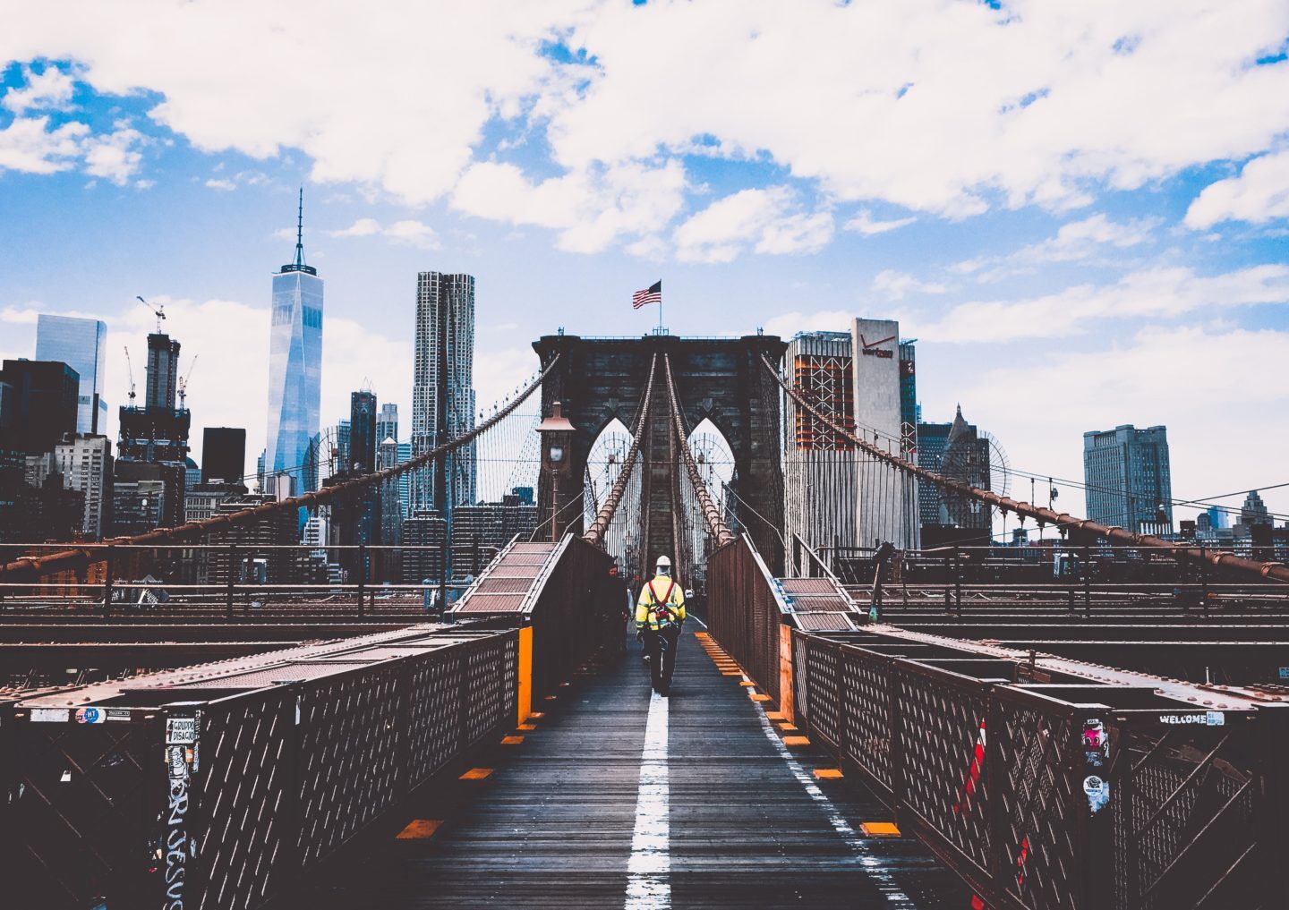 First responder walking across Brooklyn bridge